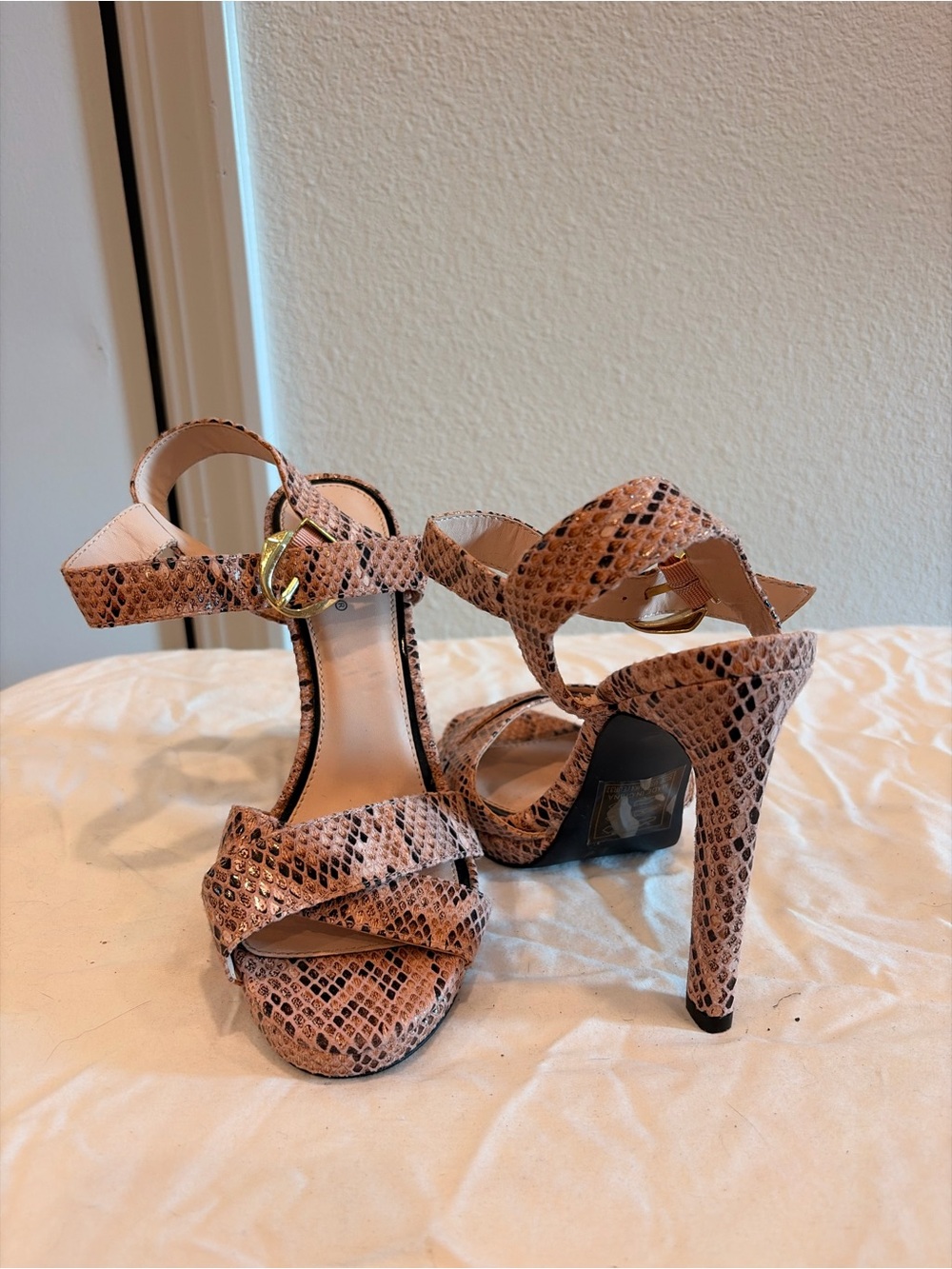 Qupid Pink Snake-Print Strappy Heels with Gold Buckles